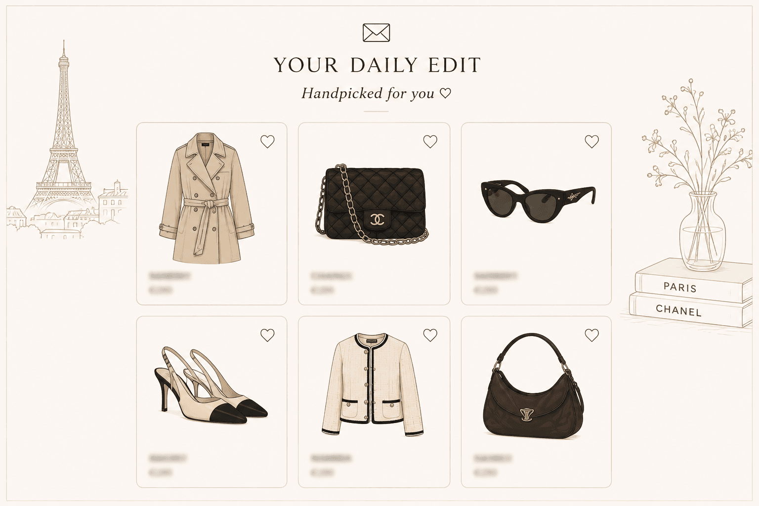 'Your Daily Edit — handpicked for you': a curated grid of six matched pieces — a Burberry trench, a Chanel Classic Flap bag, sunglasses, slingback heels, a tweed jacket and a shoulder bag