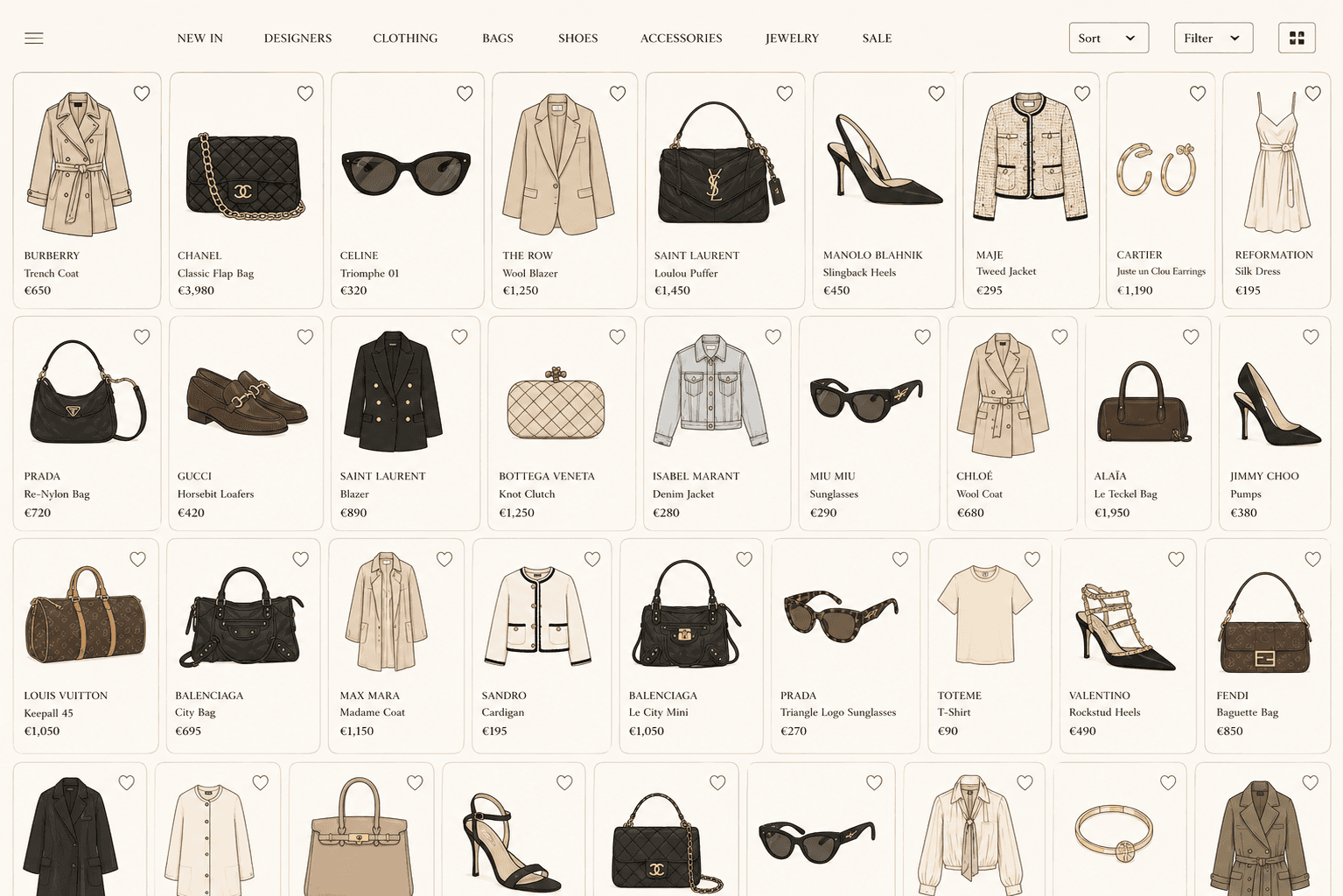 A dense, unfiltered browsing grid of dozens of designer coats, bags, shoes and accessories from Burberry, Chanel, Celine, Saint Laurent, Prada and others, with sort and filter controls above