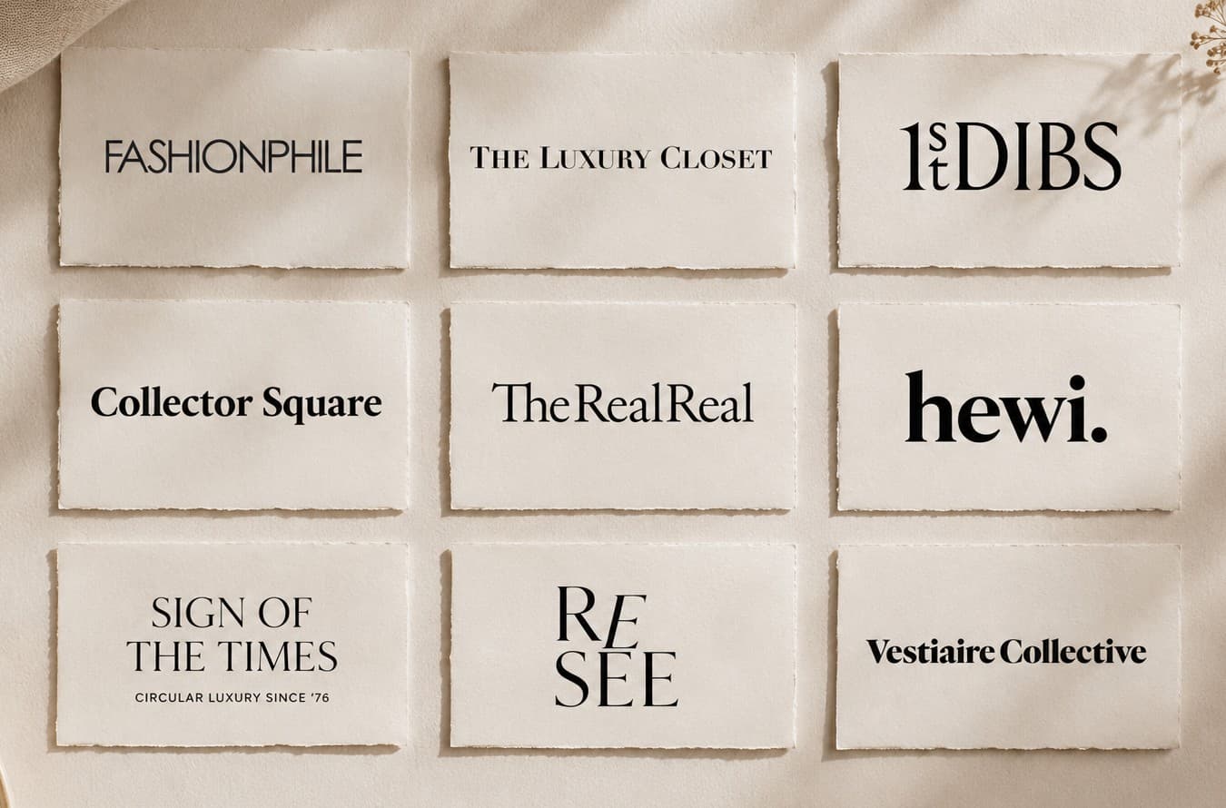 A flatlay of hand-lettered cards naming the resale sites we search — Fashionphile, The Luxury Closet, 1stDibs, Collector Square, The RealReal, hewi, Sign of the Times, ReSee, Vestiaire Collective
