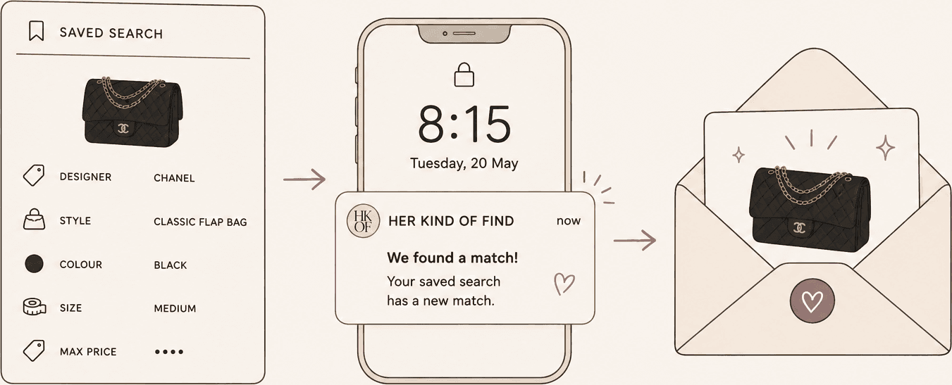 A saved search for a black Chanel Classic Flap bag (designer, style, colour, size, max price), a lock-screen notification reading 'We found a match! Your saved search has a new match,' and the matched bag arriving in an envelope