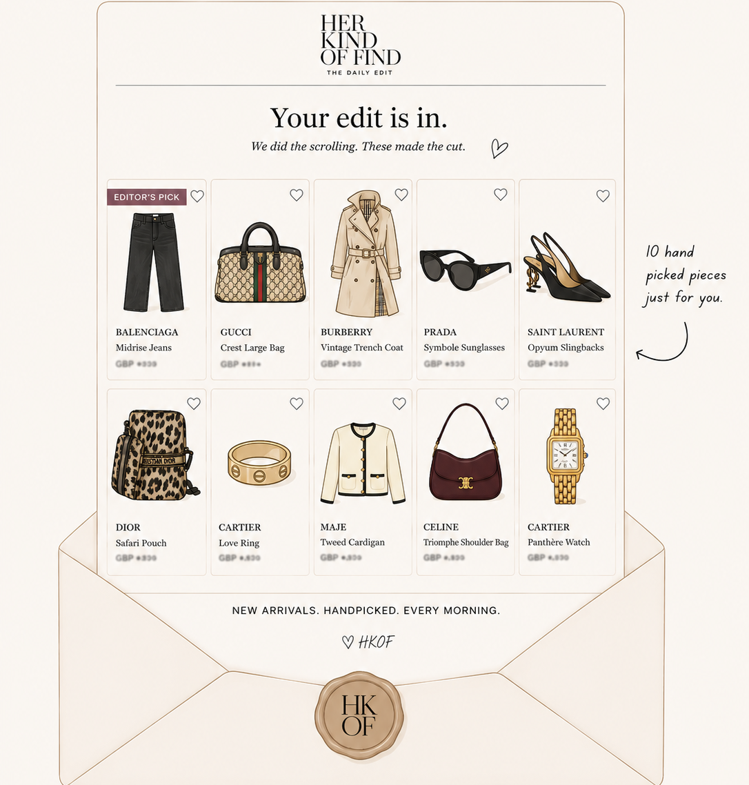 An illustrated preview of the Daily Edit email: ten hand-picked luxury resale finds — Balenciaga, Gucci, Burberry, Prada, Saint Laurent, Dior, Cartier, Maje and Celine — arriving in an opened envelope
